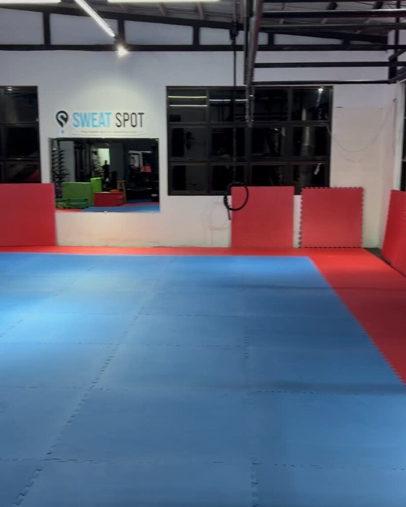 Empty red and blue puzzle-mat training room with the Sweat Spot sign